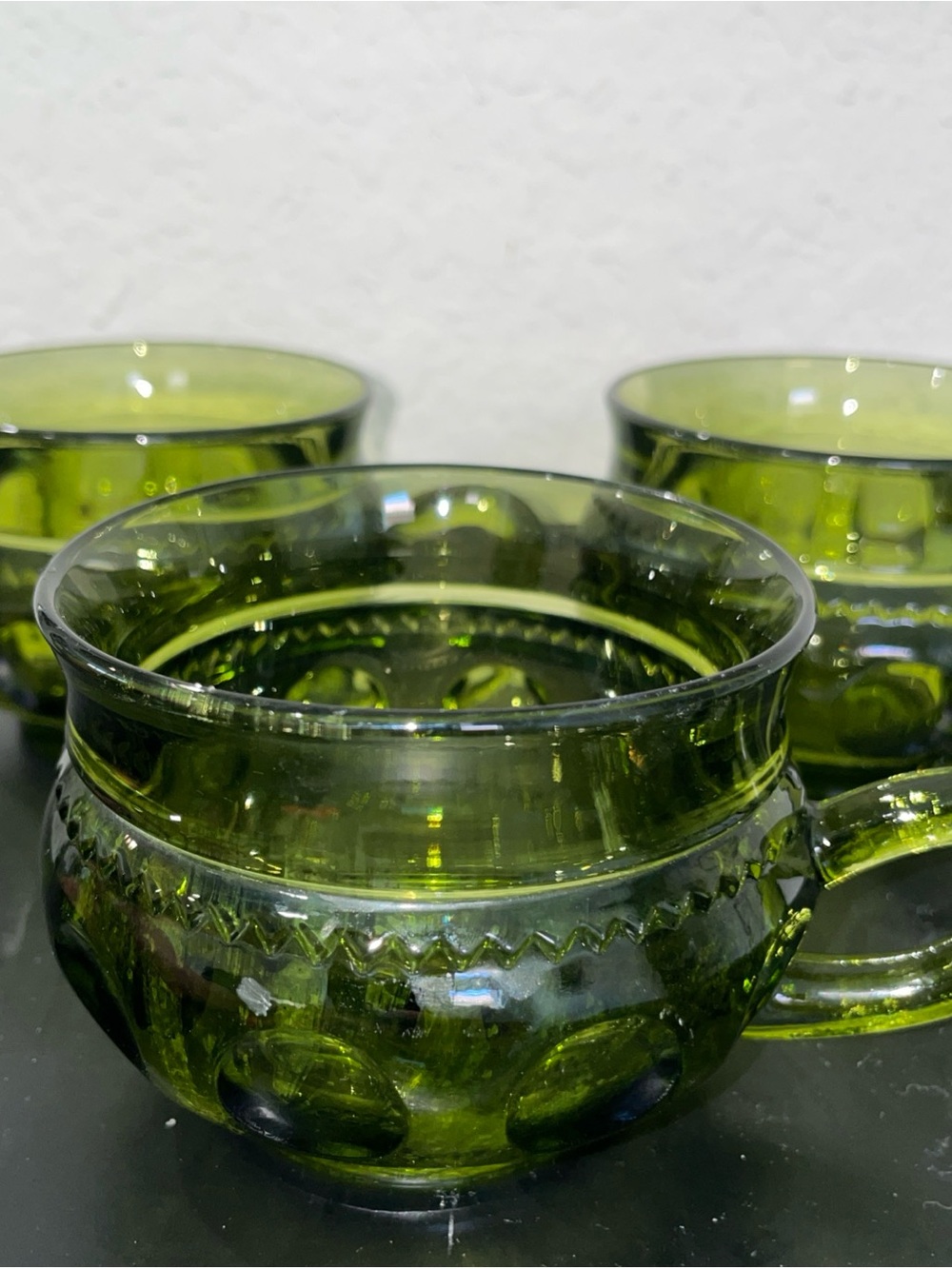 VTG  Indiana Glass Kings Crown Thumbprint Teacups In Avocado Set of 3